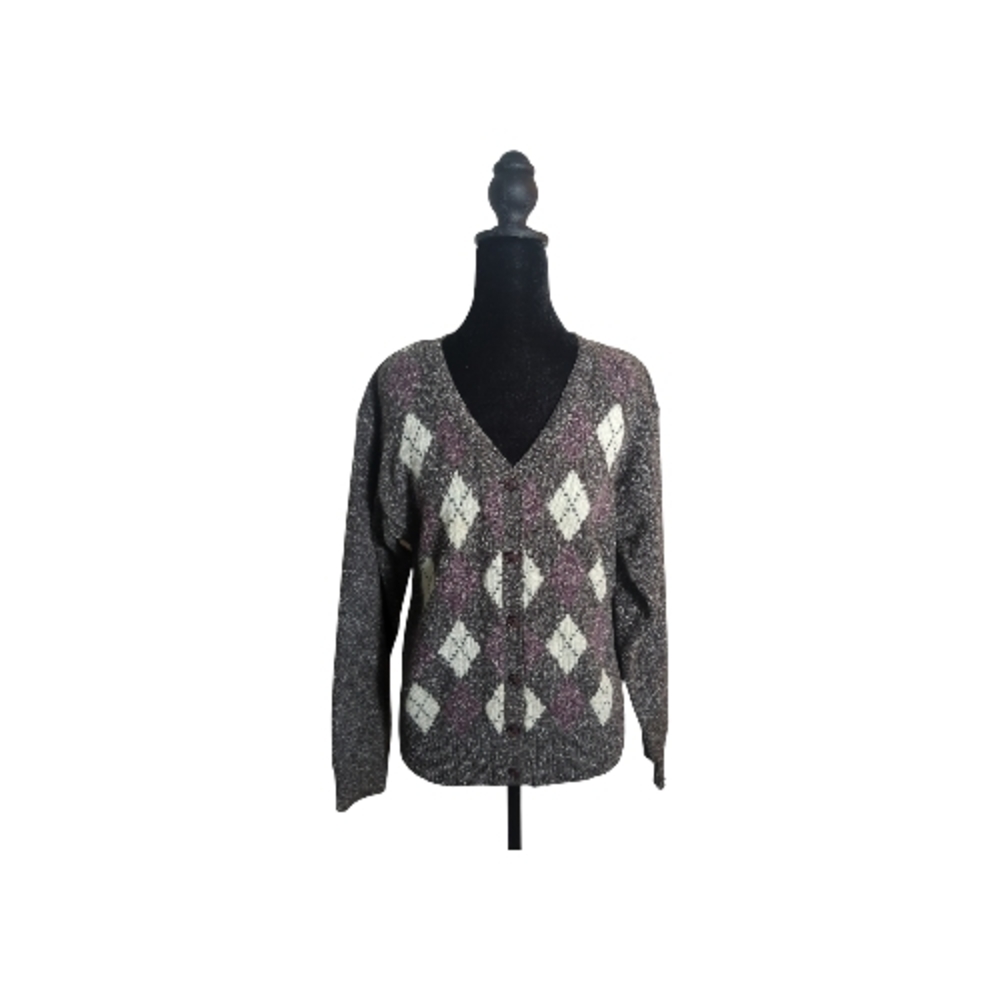 Vintage Paris Sport Club Medium Argyle V-Neck Cardigan Sweater Preppy Ivy League